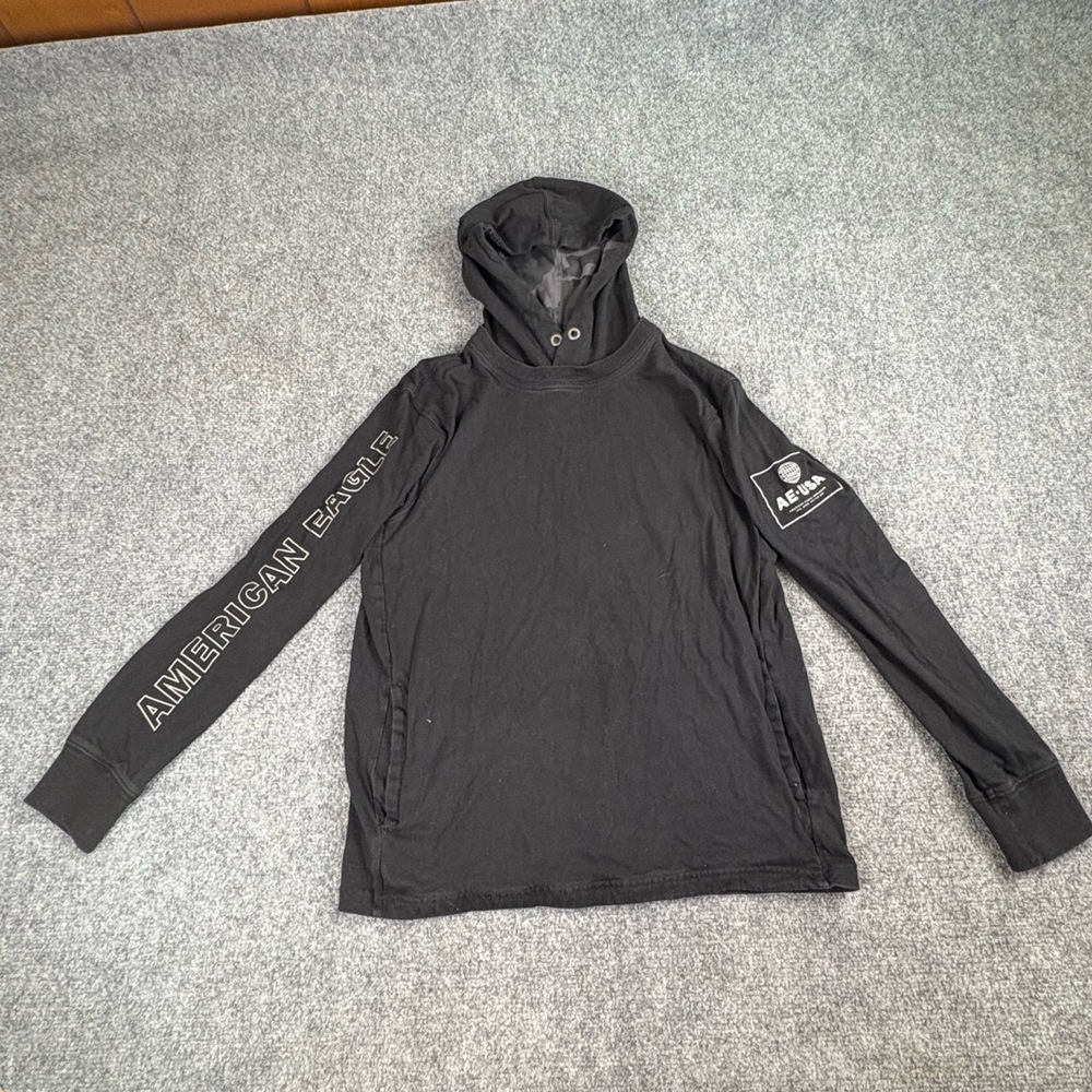 American Eagle Hoodie Mens S‎ Black Spell Out Streetwear Minimalist Grunge Y2K
